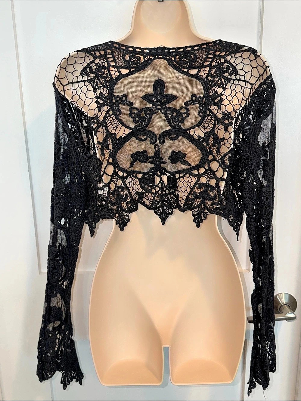 Pristine boho Black Lace Crop Top bolero gothic wrap shawl UNIQUE fits M / L